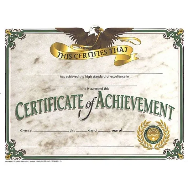 Hayes Achievement Certificate, 8.5 inch x 11 inch, Pack of 30