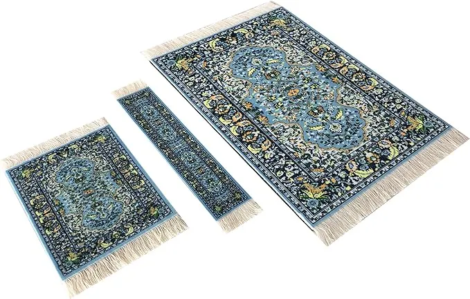 3 Piece Set, Matching Rug Style Mouse pad, Miniature Carpet Coaster and Blue 