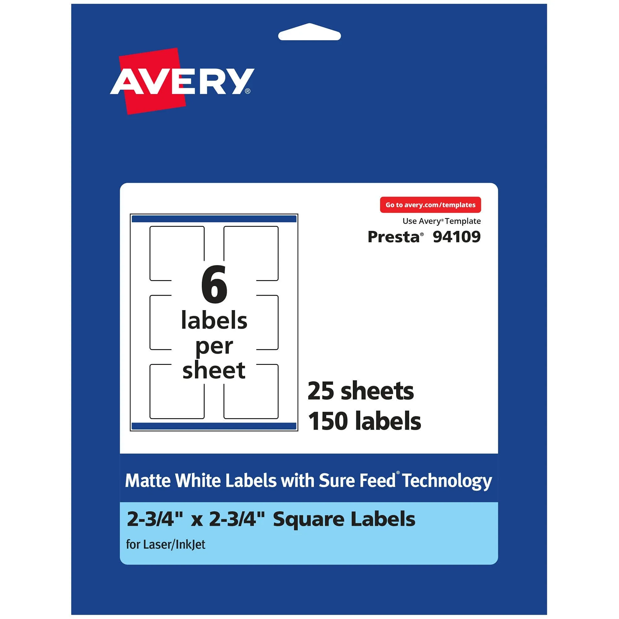 Avery Matte White Square Labels with Sure Feed, 2.75 inch x 2.75 inch, 150 Matte ...