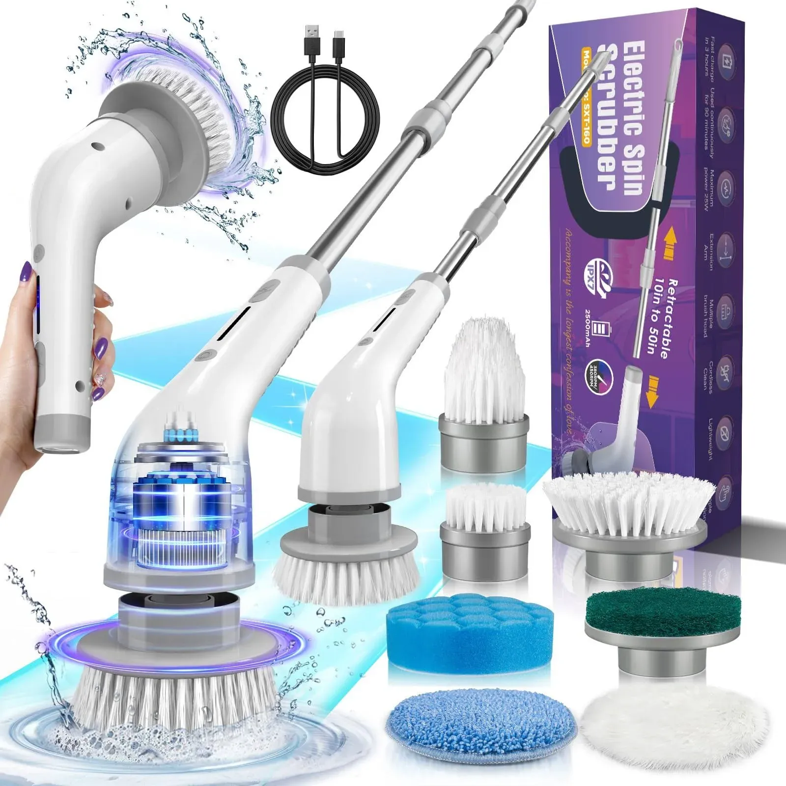 Electric Spin Scrubber, Cordless Shower Spin Scrubber with 7 Brush Heads, Adj...