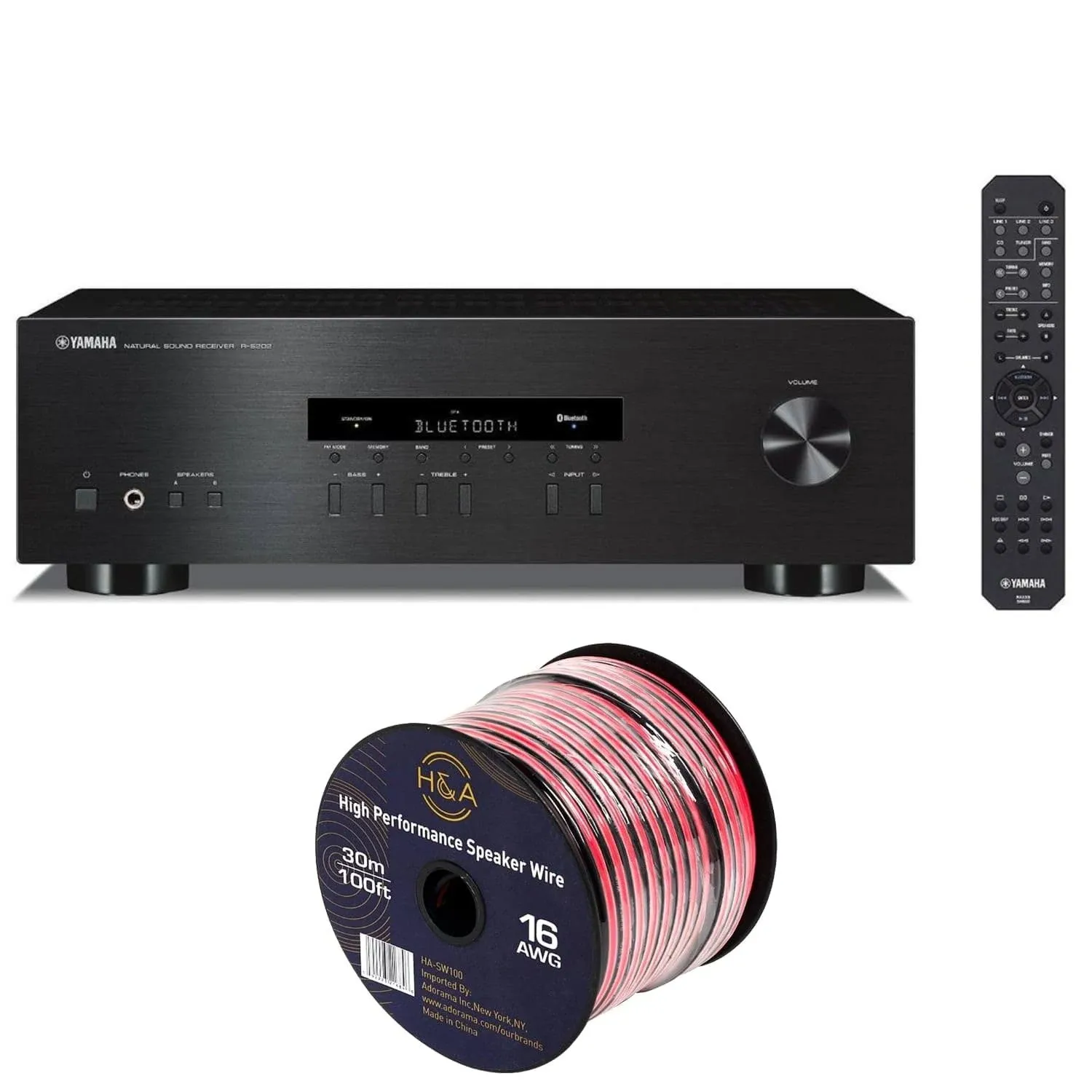 Yamaha R-S202BL Stereo Receiver with Bluetooth + H&A 16 AWG Speaker Wire Cable (100' Spool)