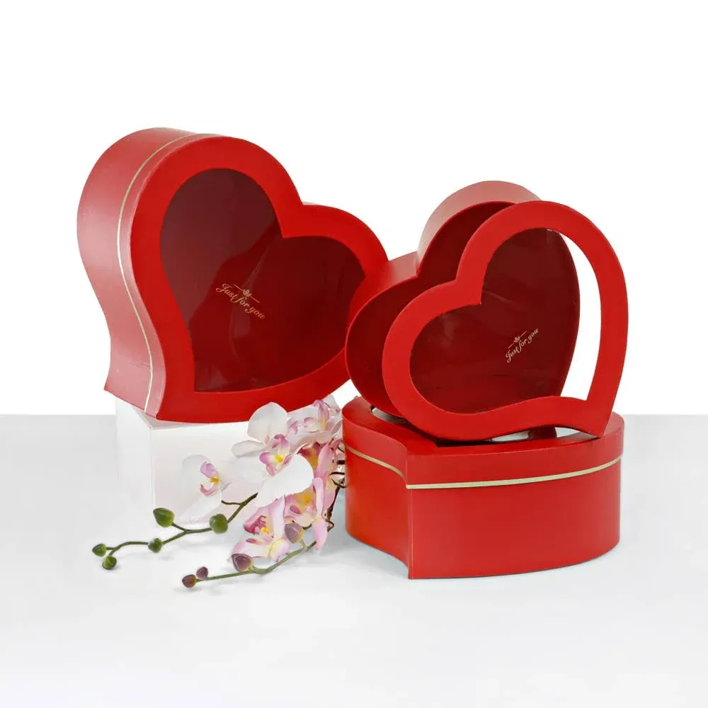 UNIKPACKAGING Premium Quality European Style Heart Shaped Flower Box, Floral Gift Box, Set of 3, for Luxury Style Flower Arrangements (Red)