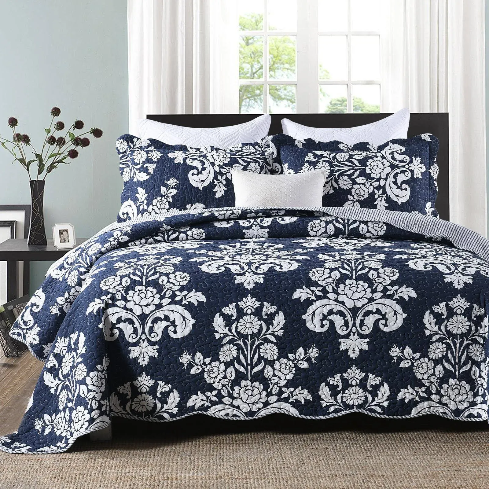  Size Quilt - Floral King Quilt Bedding Set 100% Cotton White Queen Navy Blue