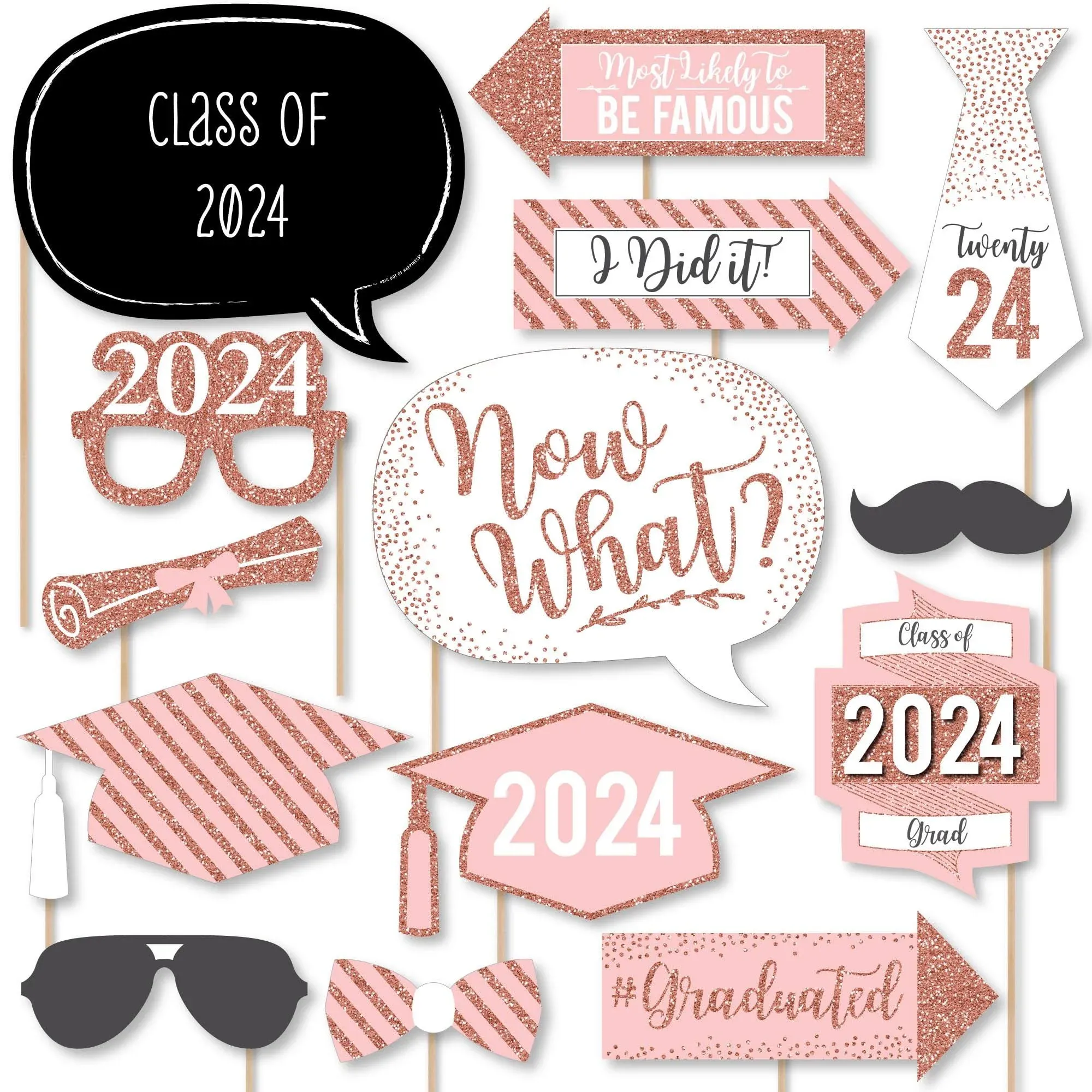 Rose Gold Grad Photo Booth Props Kit - Personalized 2024 Graduation Party - 20 Count