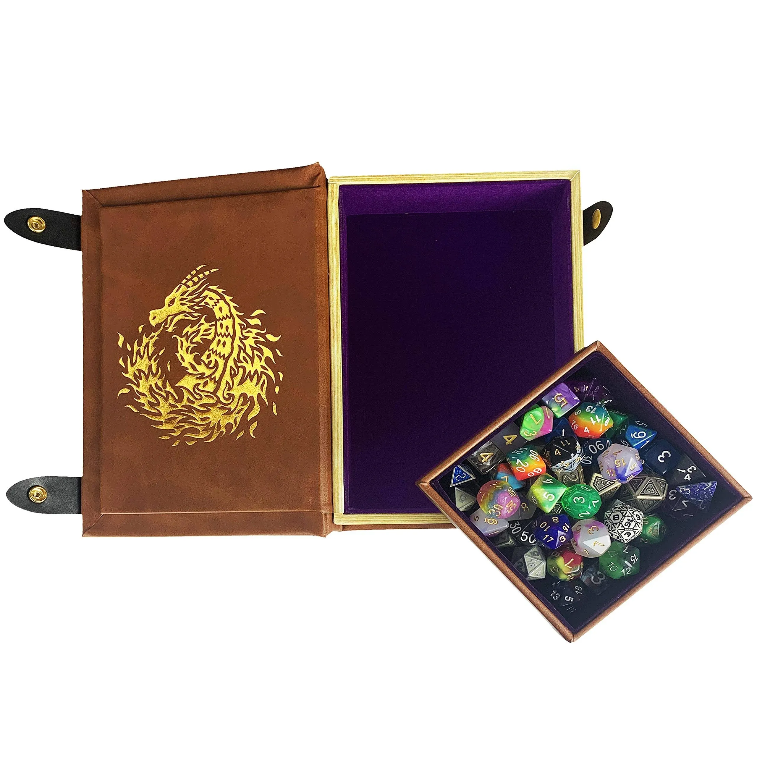 Book-Shaped Gold/Purple Fire Dragon Rolling Magic Book Tray for All Tabletop RPGs Like D&D, Call of Cthulhu, Shadowrun.