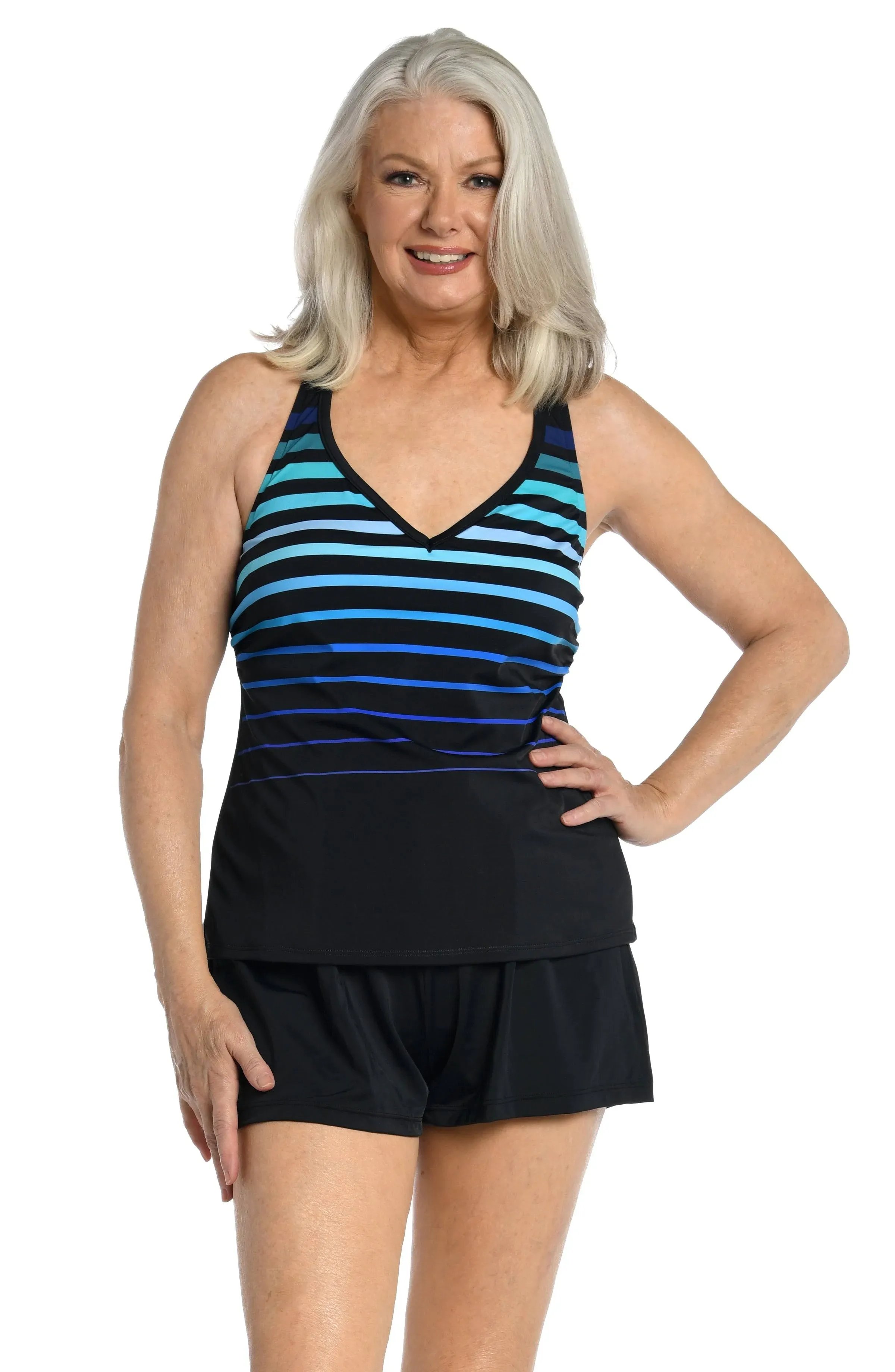 Maxine Gradient Stripe V-Neck Racer Back Tankini Top Cobalt / 8