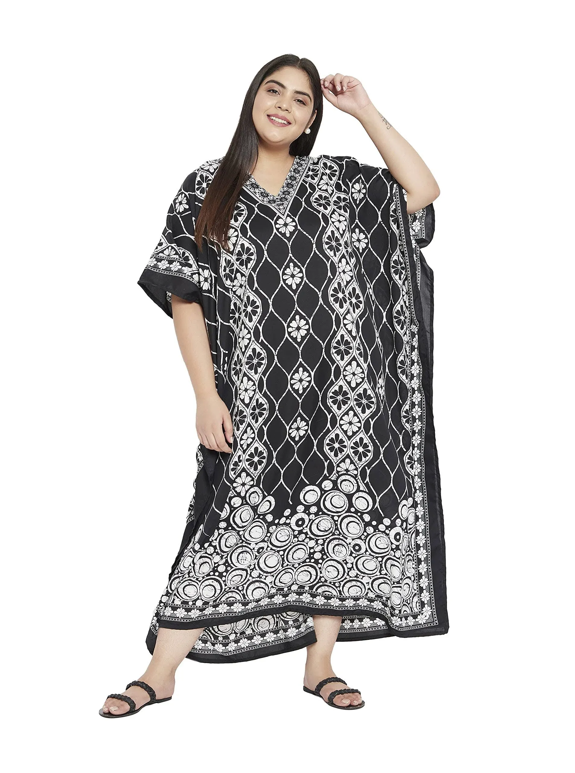 Dressbarn Women Floral Pattern Luxury Plus Size Kaftan Dress, | Black