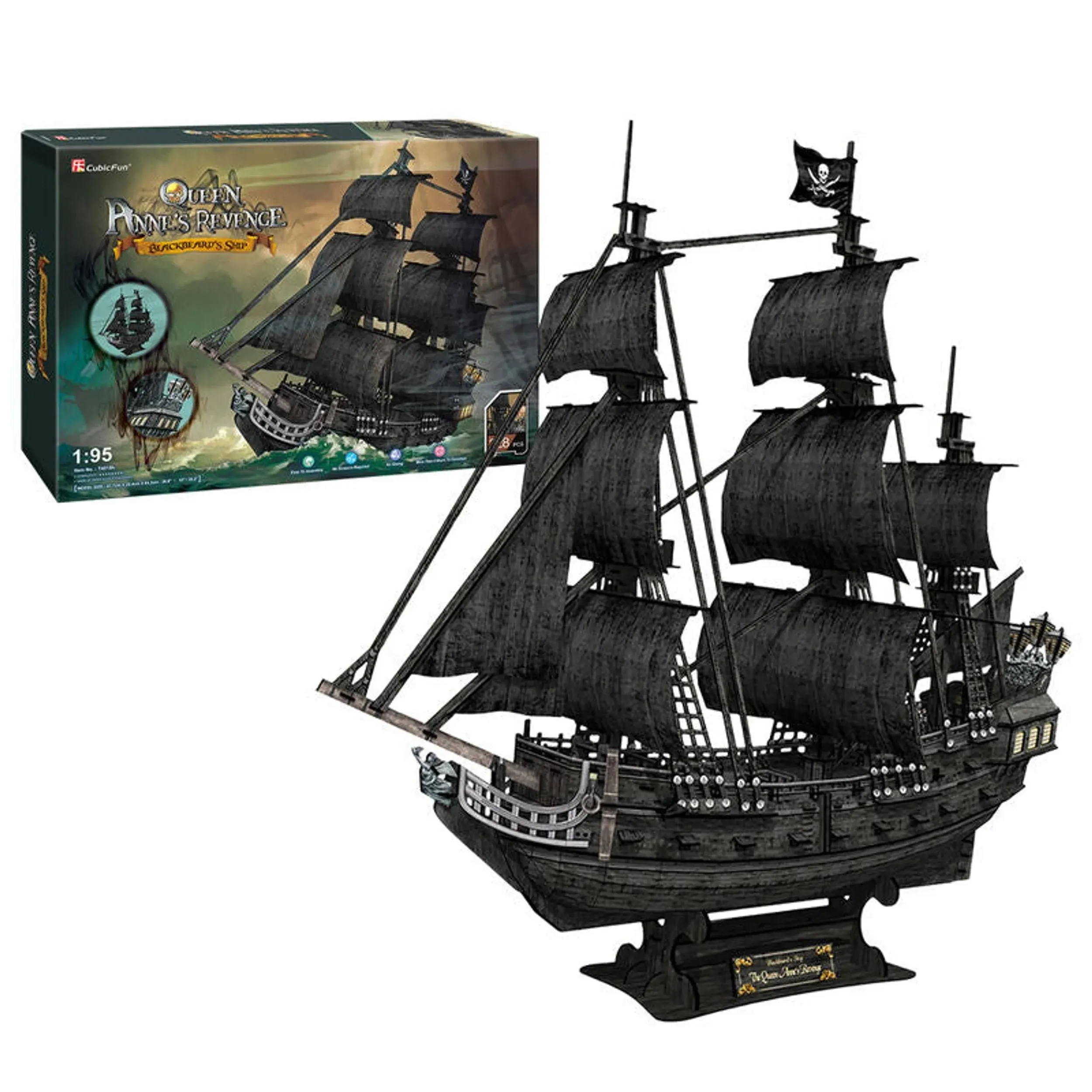 LED 3D Puzzles  Queen Anne'S Revenge Pirate Ship Model Building Kits Sailboat