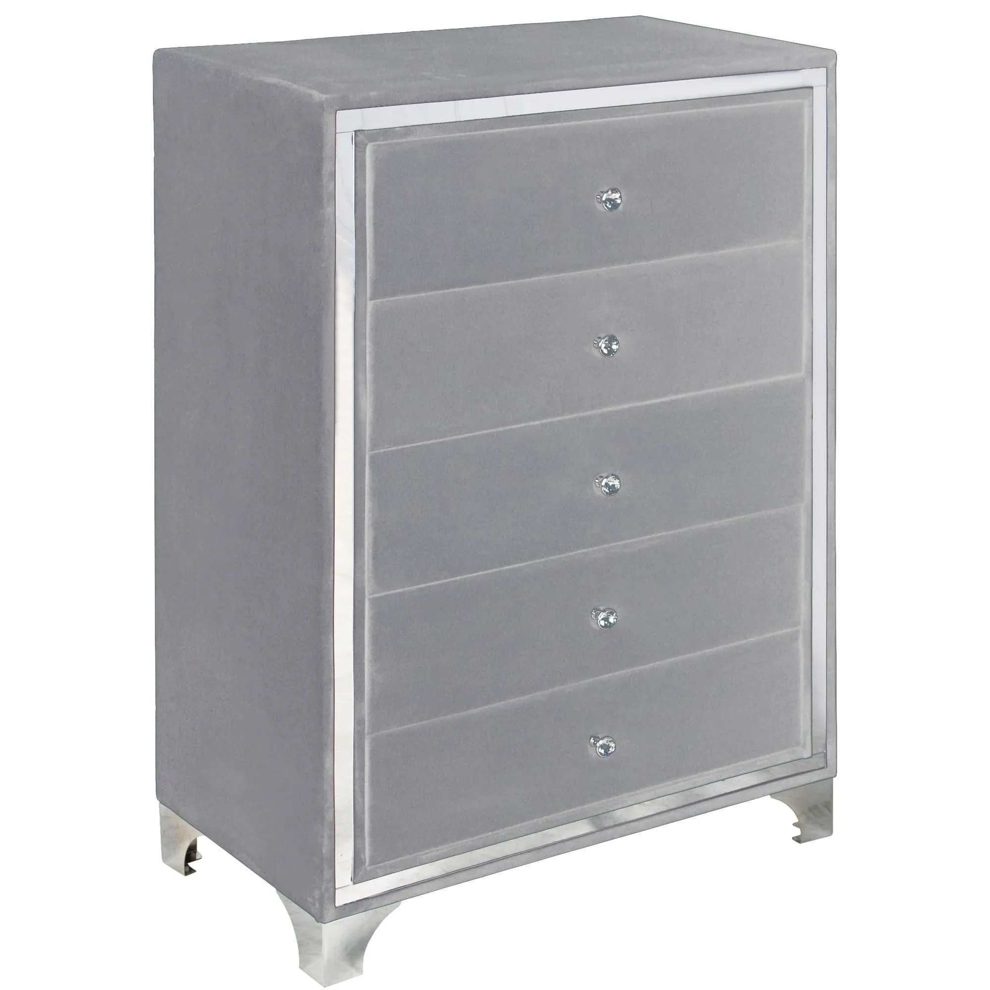 Better Home Products Monica Velvet Upholstered 5 Drawer Chest Dresser In Gray