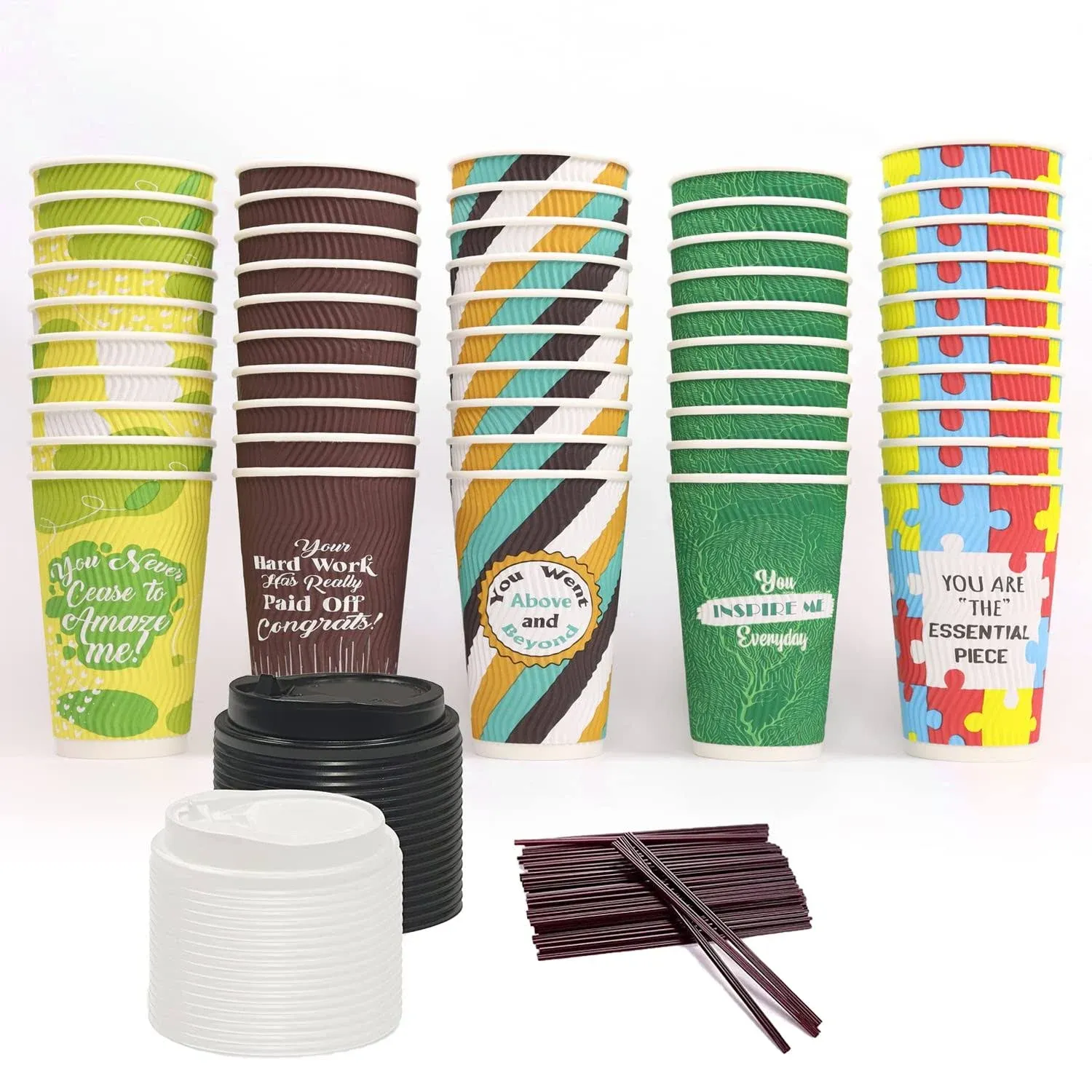 Dessie 50 Disposable Coffee Cups With Lids 16 oz, 5 Unique Designs. Motivational Hot Cups With Lids 16 oz, Heat Resistant, Leakproof and Stu