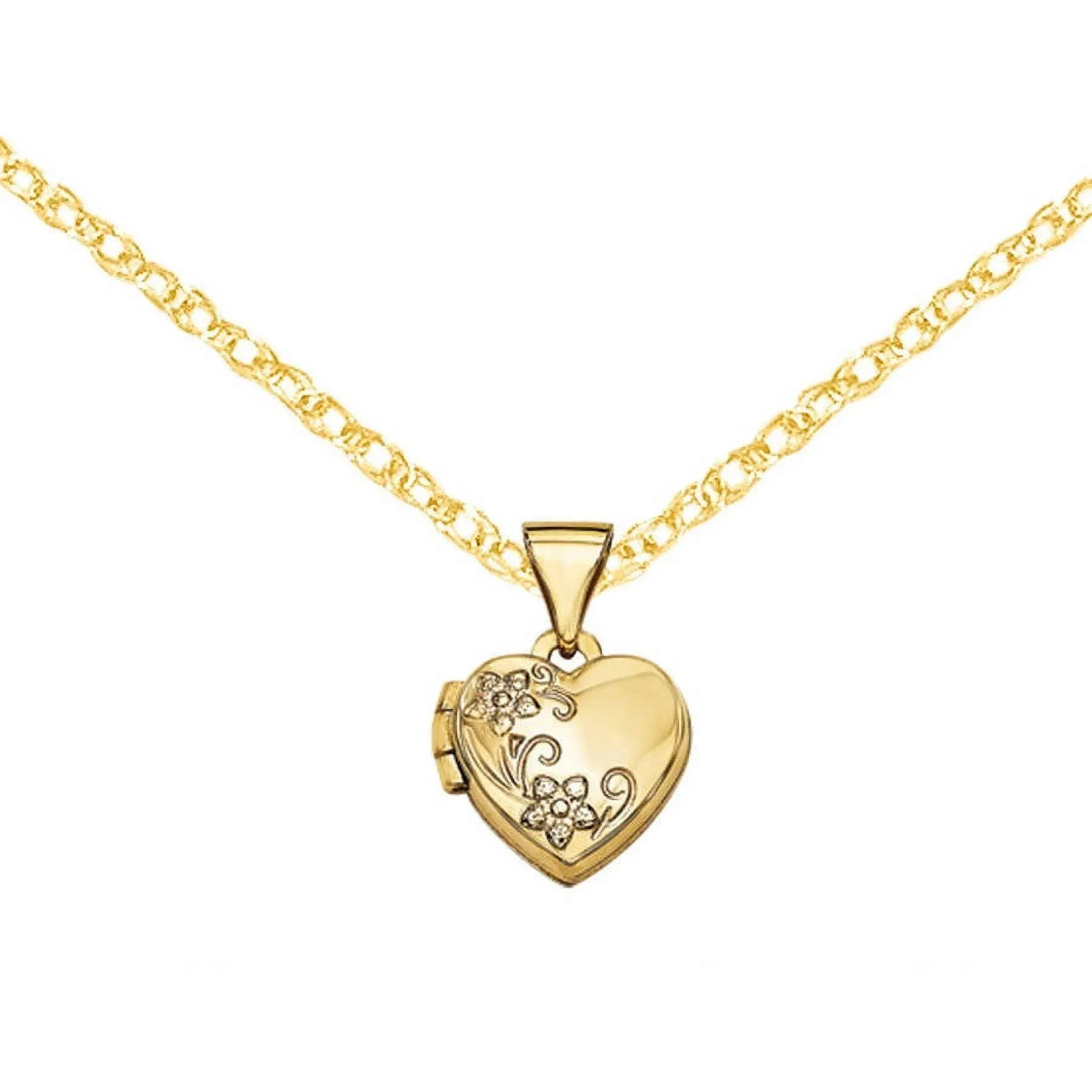 14K Yellow Gold Floral Etched Heart Locket with 18-inch Chain