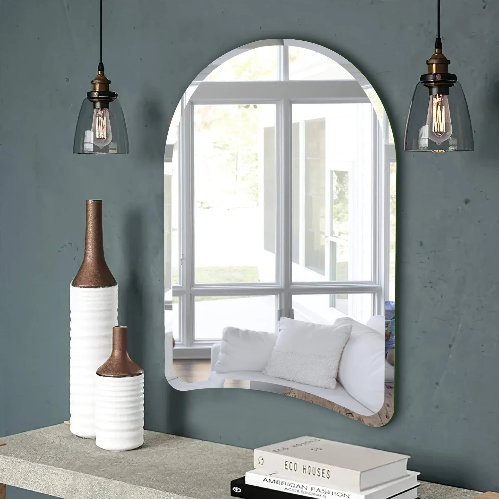 Neutype Wall Mirror 36"x 24" Arch Mirror Beveled Edge Frameless Mirror Hanging or ...