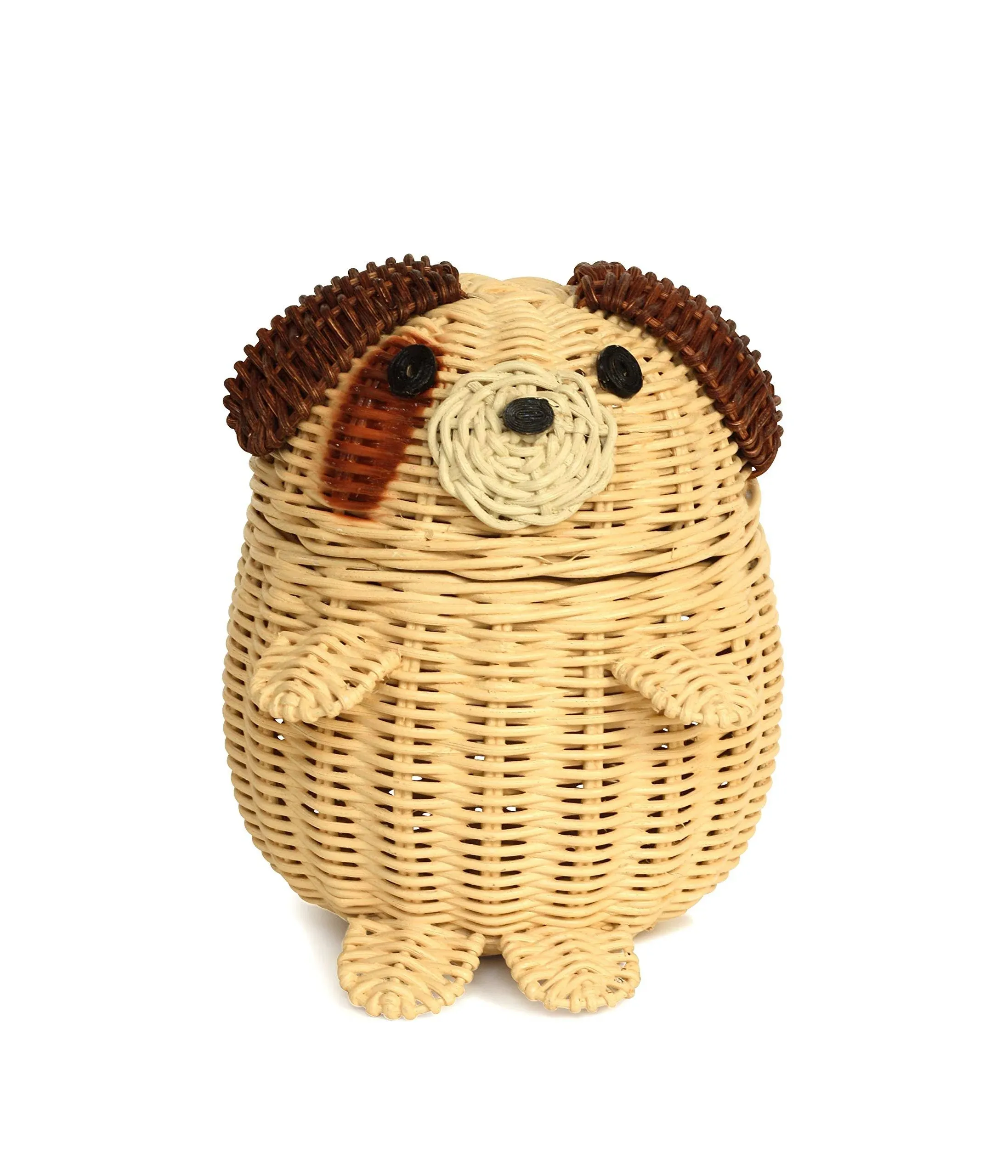 Dog Rattan Storage Basket with Lid Decorative Home Decor Hand Woven Shelf Organizer Cute Handmade Handcrafted Gift Artwork