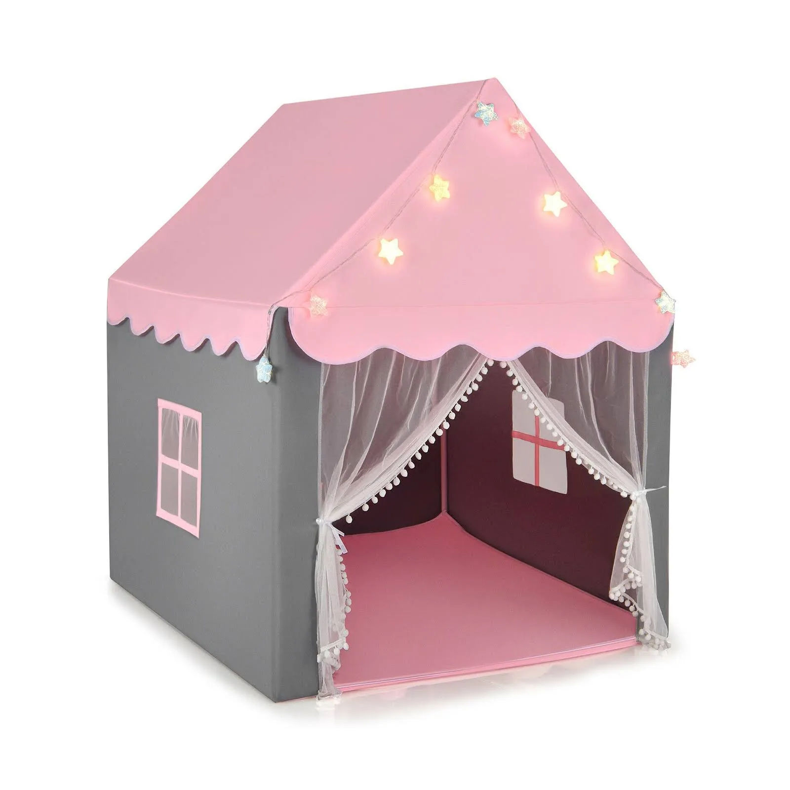 Kids Playhouse Tent with Star Lights and Mat-Pink | Costway