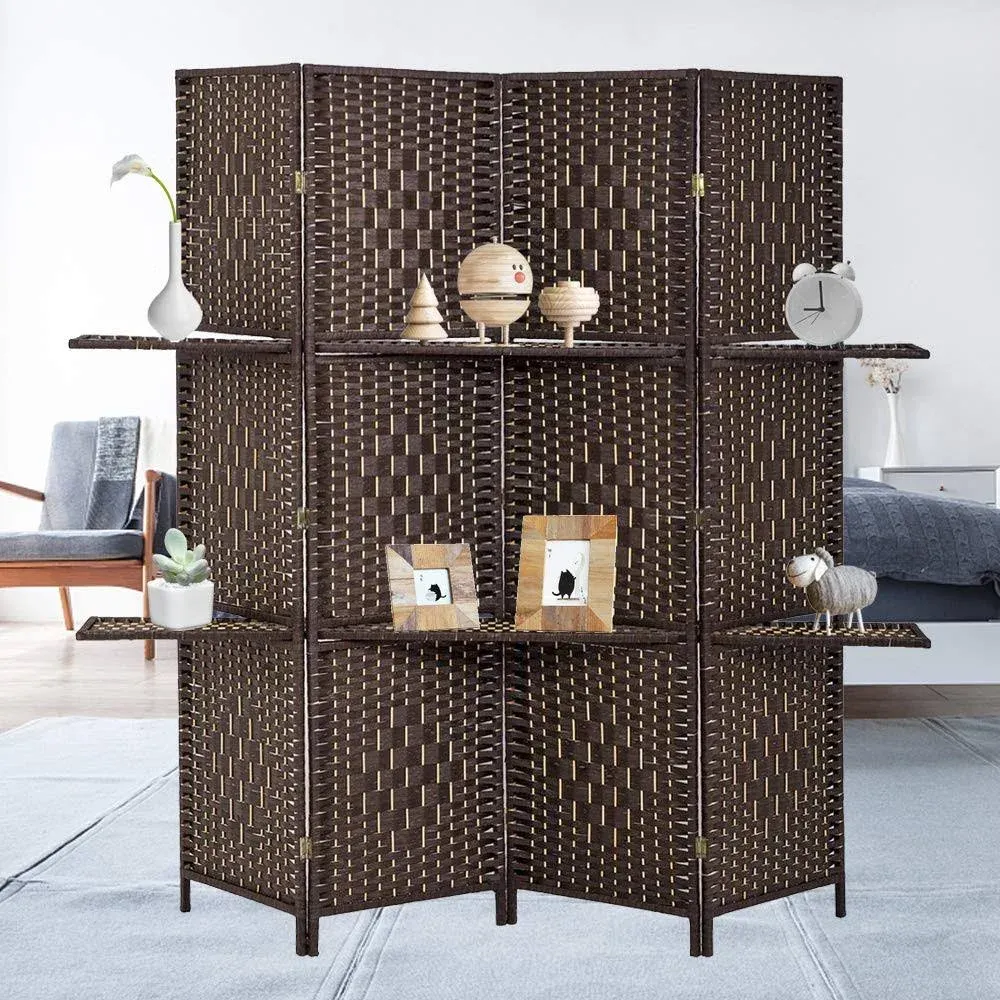 6 Ft Wood 4-Panel Room Divider and Folding Privacy Screen with 2 Tier Display Shelves, Decorative Screen Freestanding Office Temporary Wall Divider Diamond Room Partition, Brown