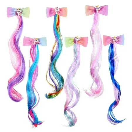 6 Colors Unicorn Bow Clips with Colored Hair Extensions Glitter Butterfly Hair ...