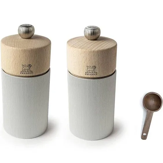 Peugeot Line Manual Salt & Pepper Mills Gift Set, alu, 12 cm - 4.75" Natural Wood - With Wooden Spice Scoop