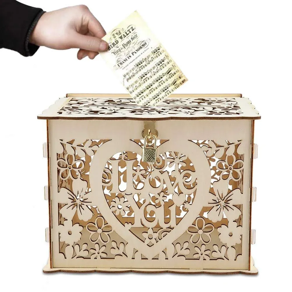 Gold Wedding Card Box,Hollow Out Wedding Money Box with Keys and Lock, DIY Gift ...