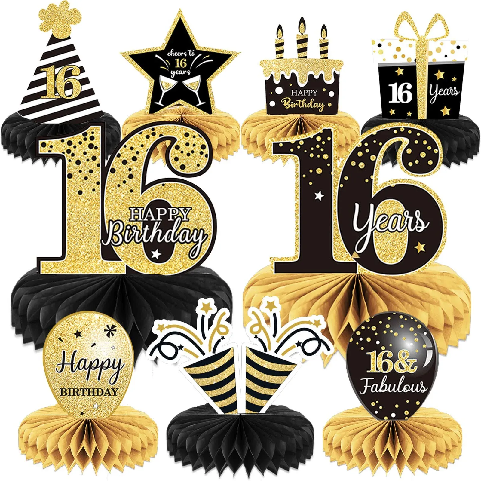 9 Pieces 16th Birthday Decoration 16th Birthday Centerpieces for Tables Decorations Cheers to 16 Years Honeycomb Table Topper for Men and Women Sixteen Years Birthday Party Decoration Supplies(16th)