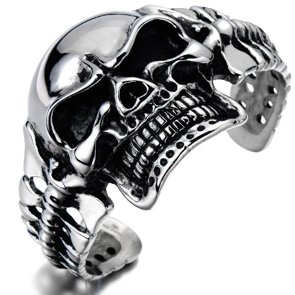 COOLSTEELANDBEYOND Heavy and Study Mens Stainless Steel Biker Skull Cuff Bangle Bracelet Silver Black Two-tone Polished