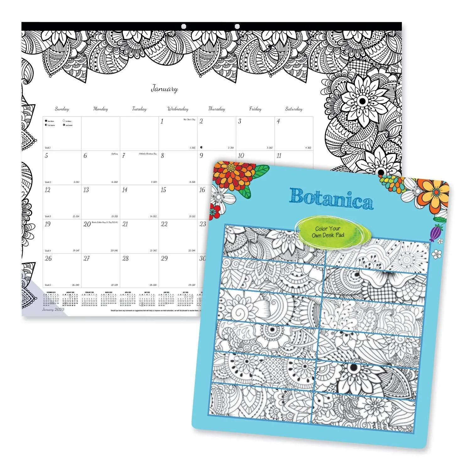 Blueline Monthly Desk Pad Calendar DoodlePlan Coloring Pages 22 x 17 Black Binding Clear Corners 12-Month Jan to Dec 2024