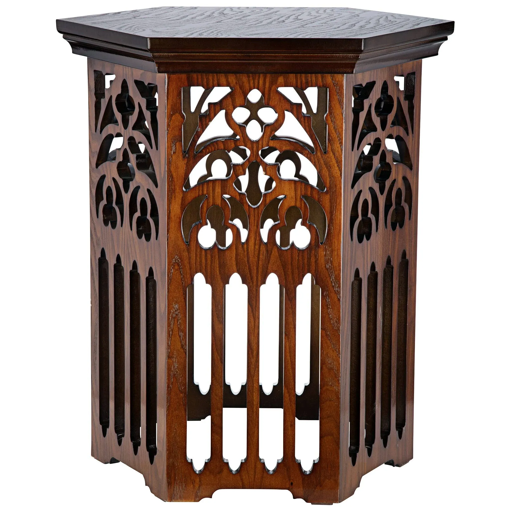 Design Toscano Thomas Aquinas Gothic Tracery Hexagonal Accent Side Table, 21 inches Wide, 24 inches Tall, Hardwood, Walnut Finish