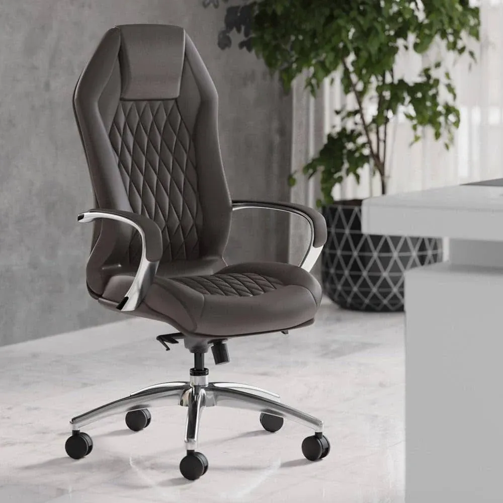 Modern Ergonomic Sterling Genuine Leather Executive Chair with Aluminum Base - Dark Grey