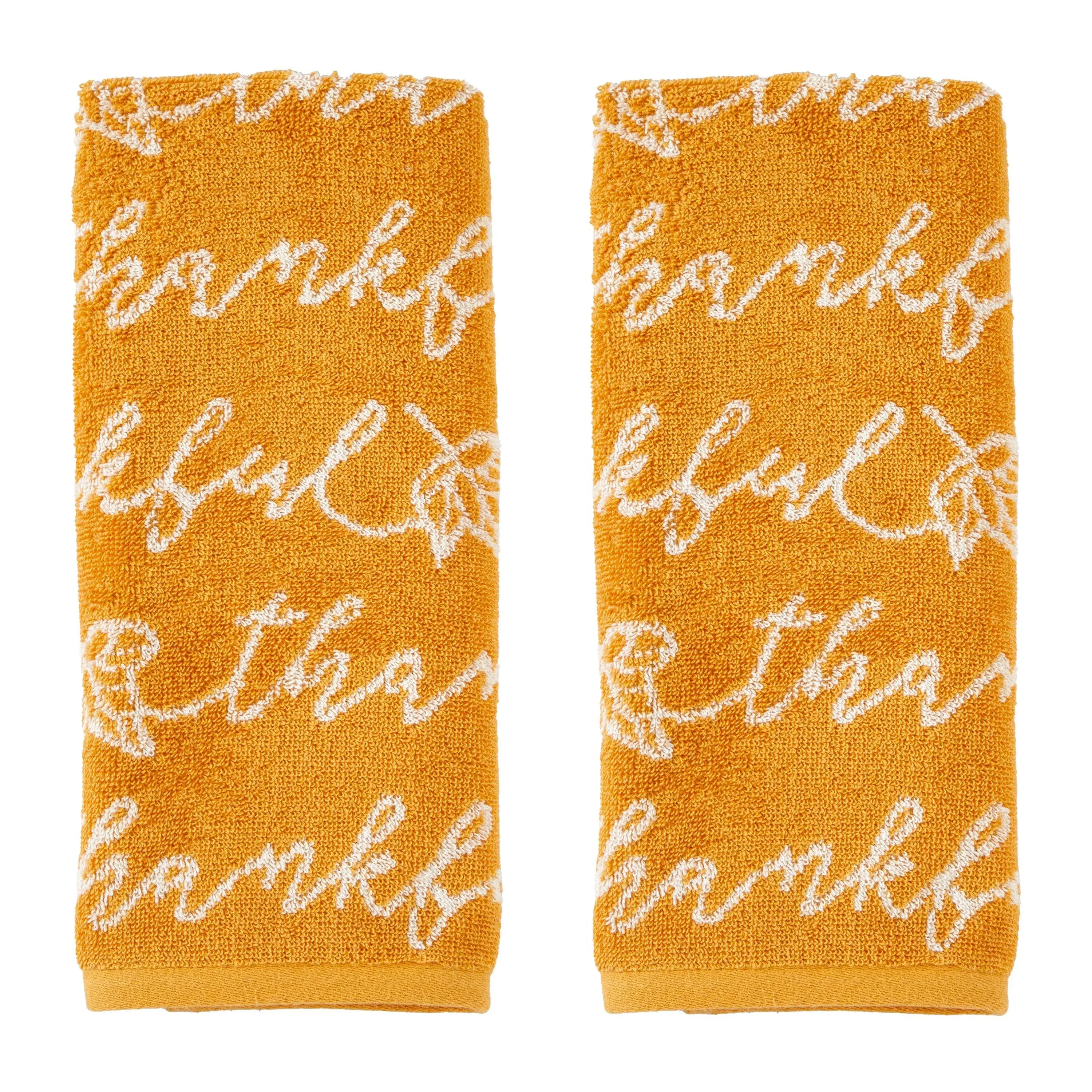 SKL Home Fall/Harvest Thankful Script Hand Towel 2pc Set for Bath/Kitchen/Bar & Gift, Yellow