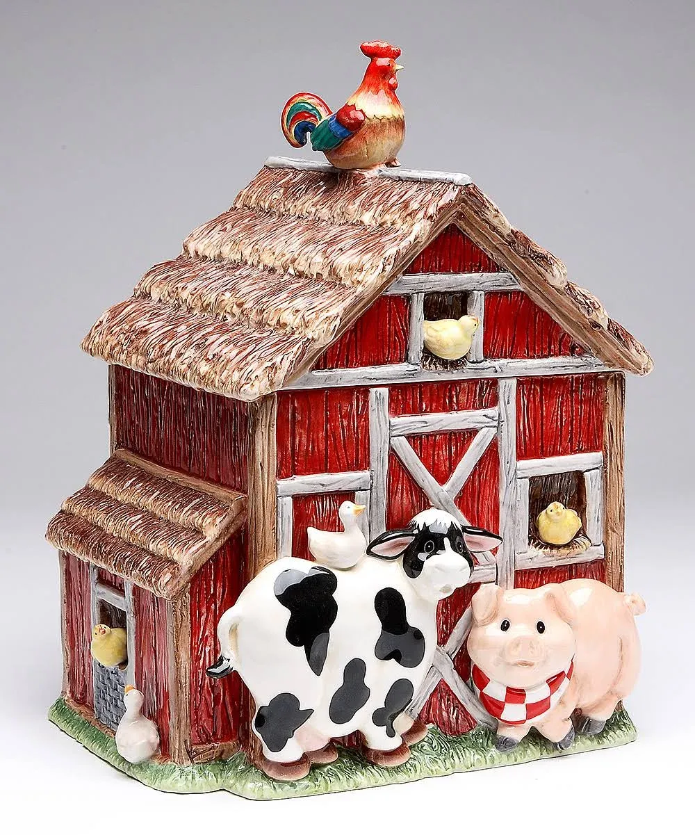 Hand Painted Ceramic Barn House with Farm Animals Cookie Jar for Storage Décor