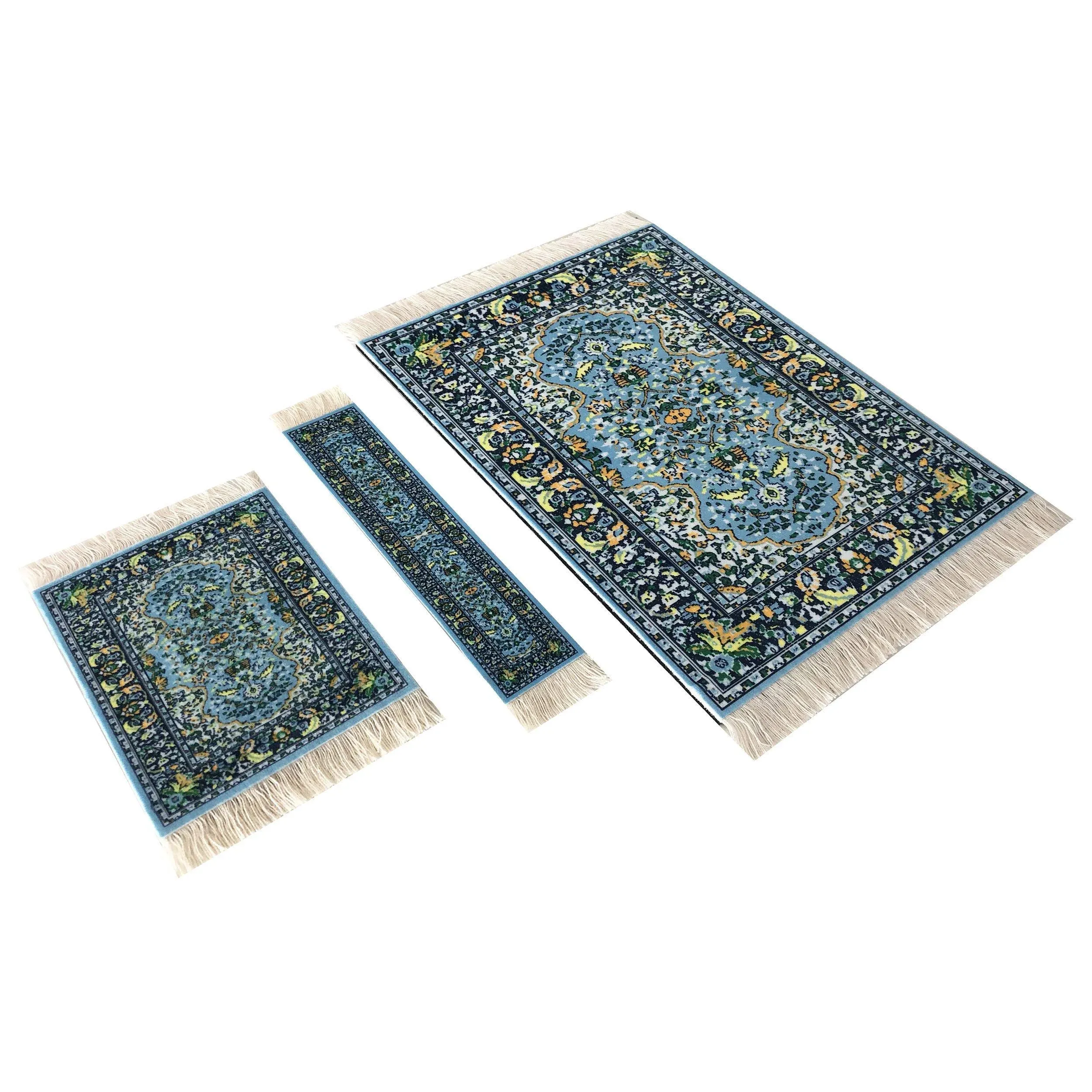 3 Piece Set, Matching Rug Style Mouse pad, Miniature Carpet Coaster and Bookmark, Elegant Office Accessories, Colorful, Novelty, Blue