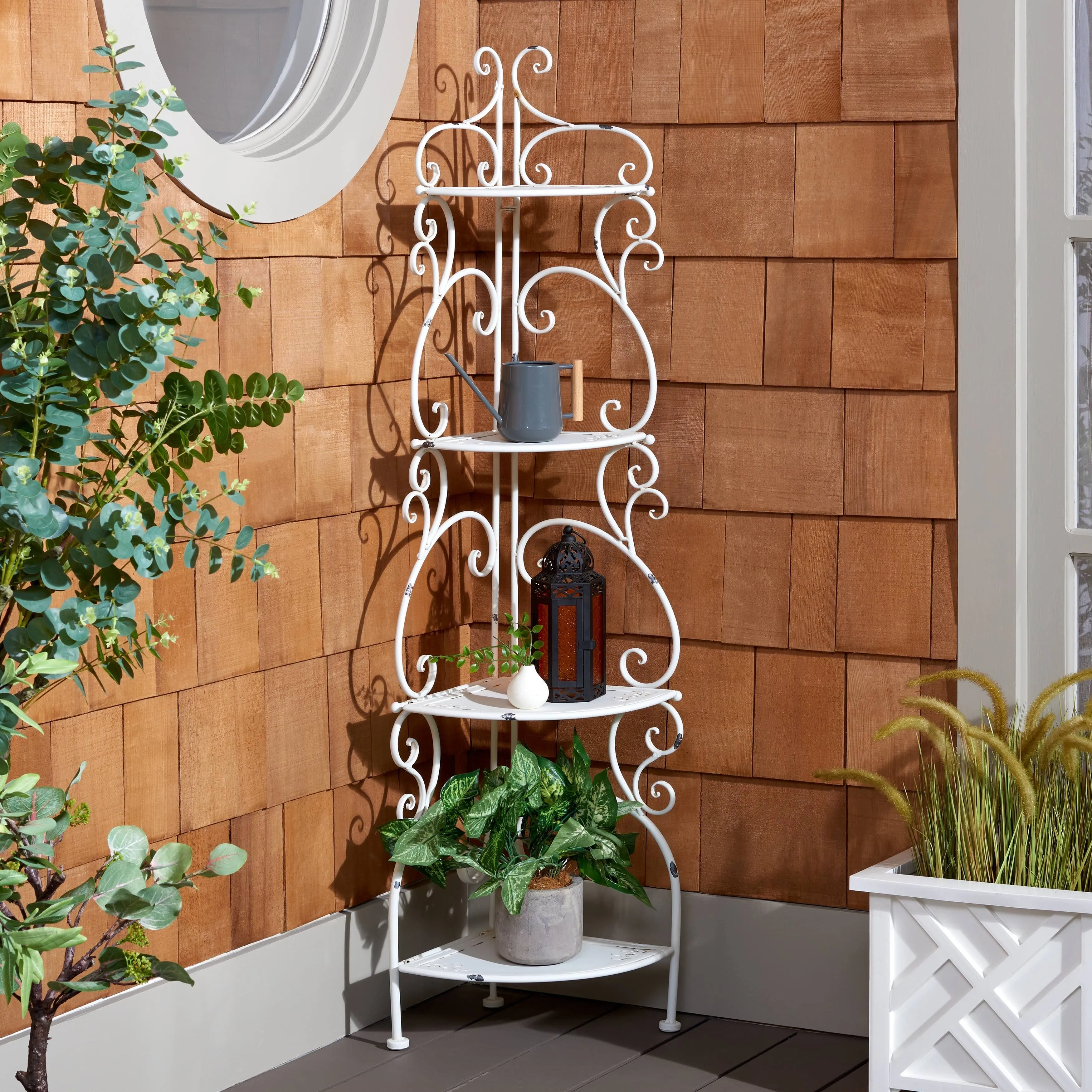 Safavieh PAT5034A 4 Tier Turuca Corner Shelf Unit, Antique White