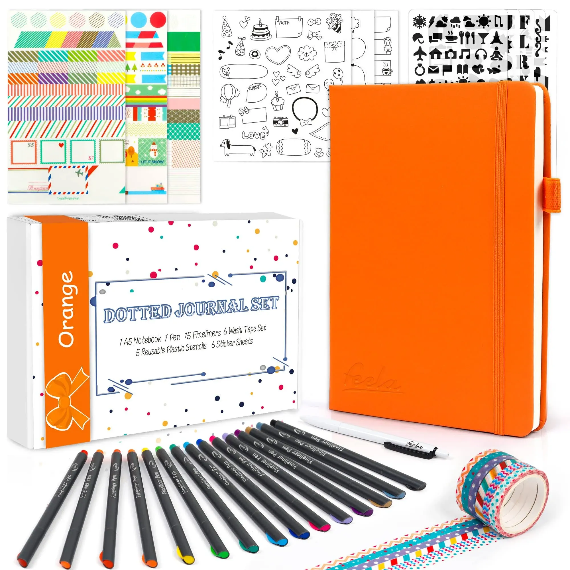 feela Dotted Journal Kit, Dot Grid Journal Hardcover Planner Notebook Set For Beginners Women Girls Note Taking with Journaling Supplies Stencils Stickers Pens Accessories, A5, 224 Pages, Orange