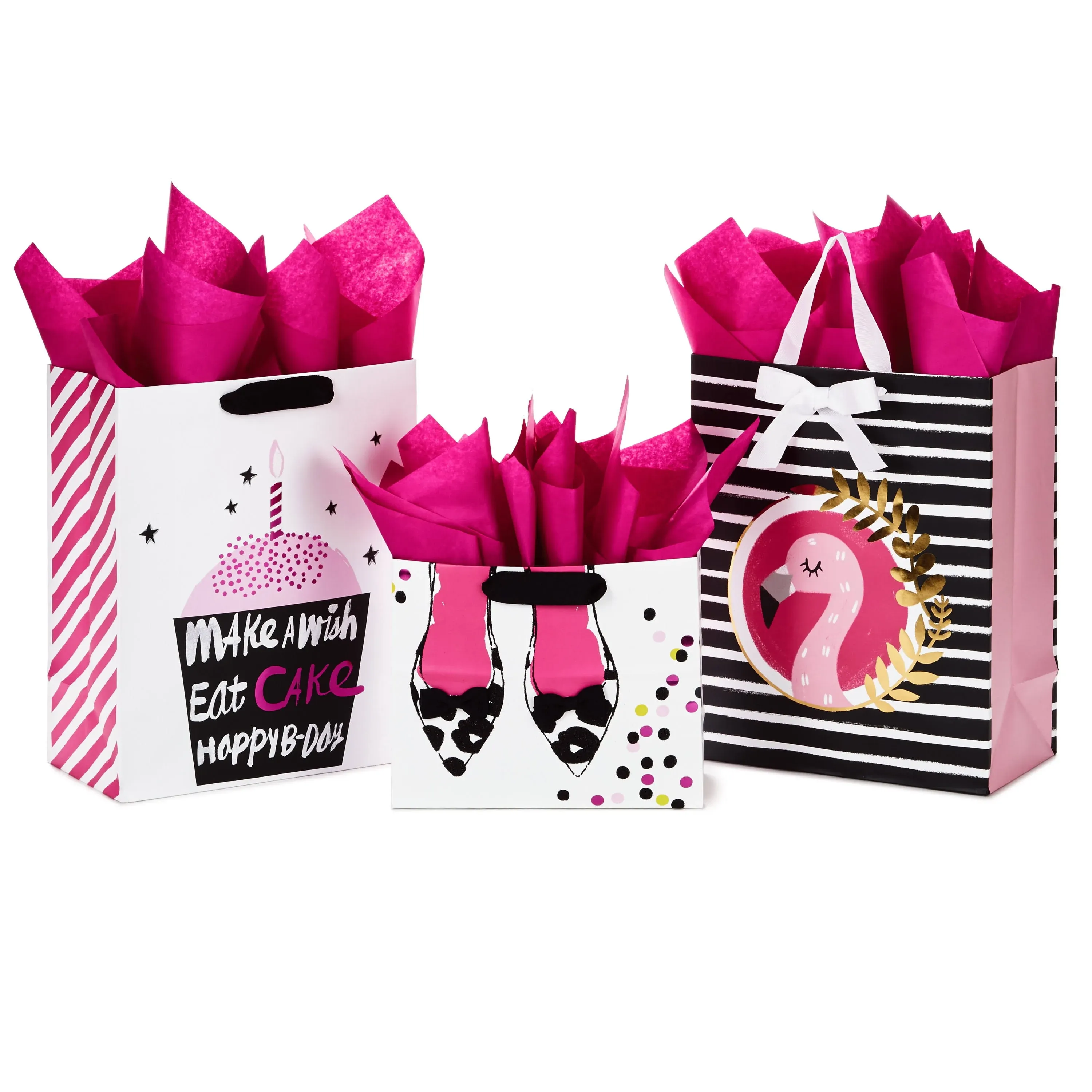 Hallmark Gift Bags Assortment with Tissue Paper - Pink and Black Cupcake, Shoes ...