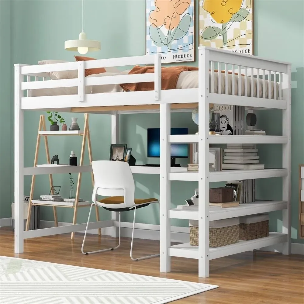 Merax Loft Bed with Storage Shelves and Under-Bed Desk - White - Full