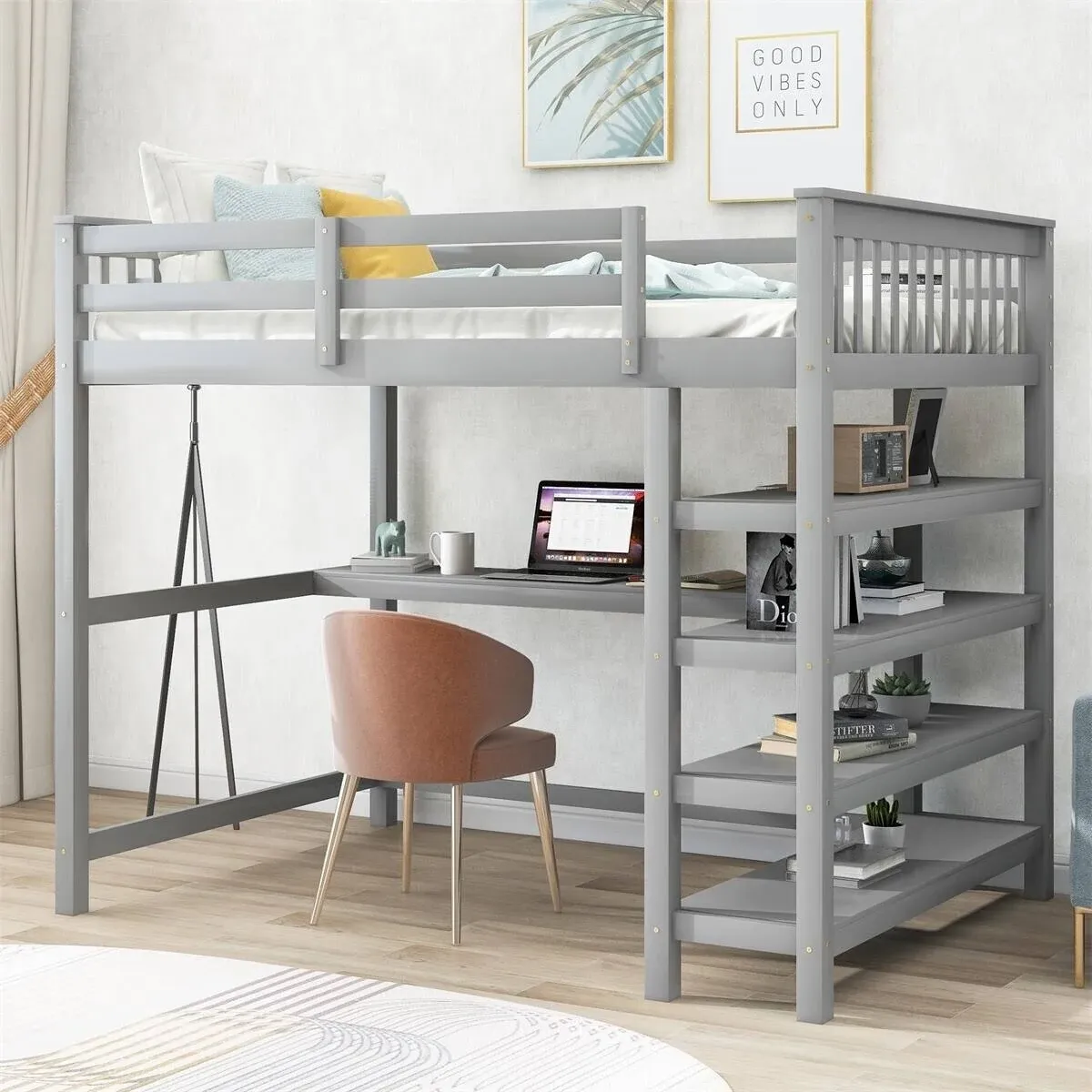 Merax Loft Bed with Storage Shelves and Under-Bed Desk - Grey - Full