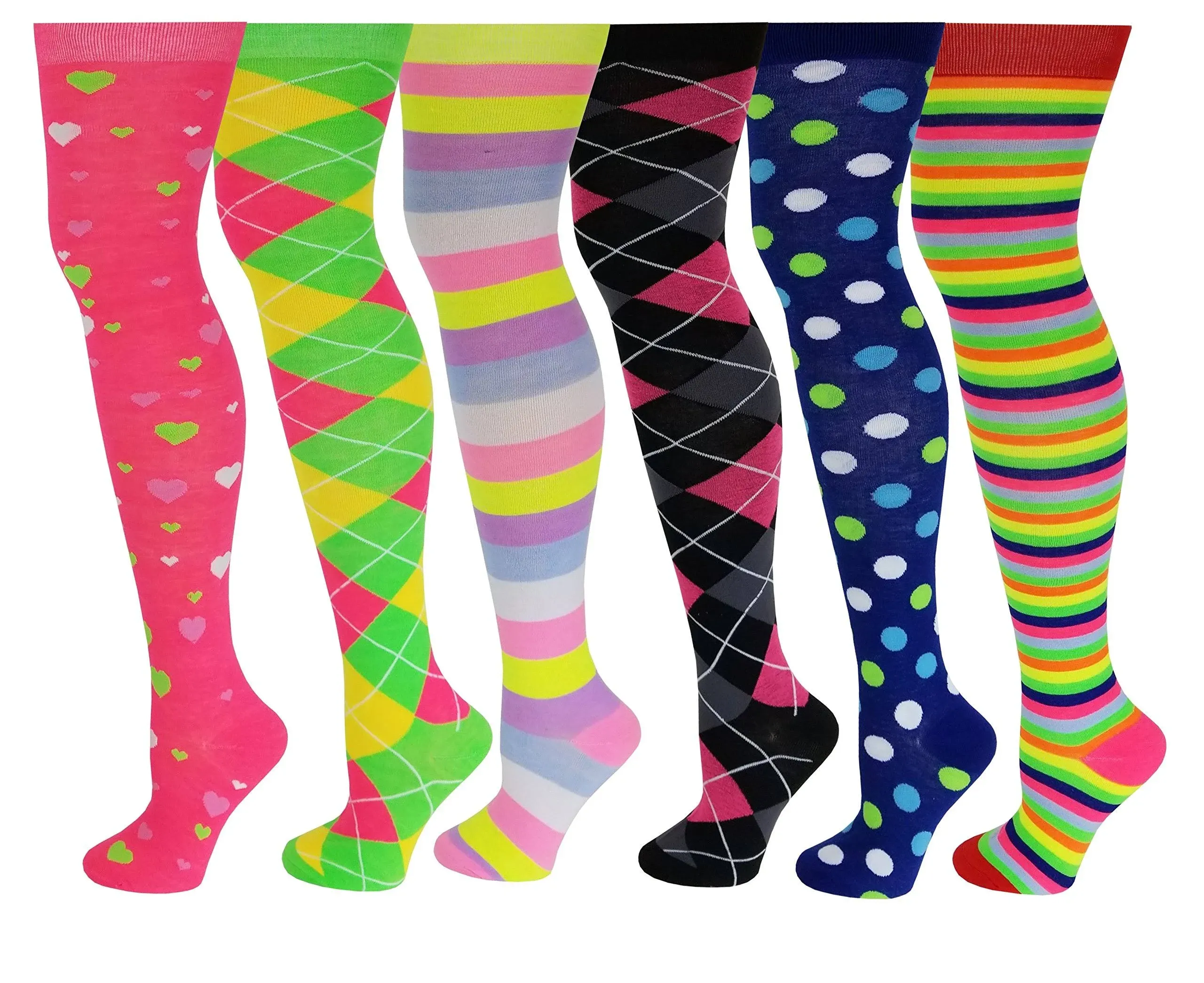 6 Pairs Pack Women Multi Neon Color Fancy Design Thigh High Over the Knee Socks Stockings