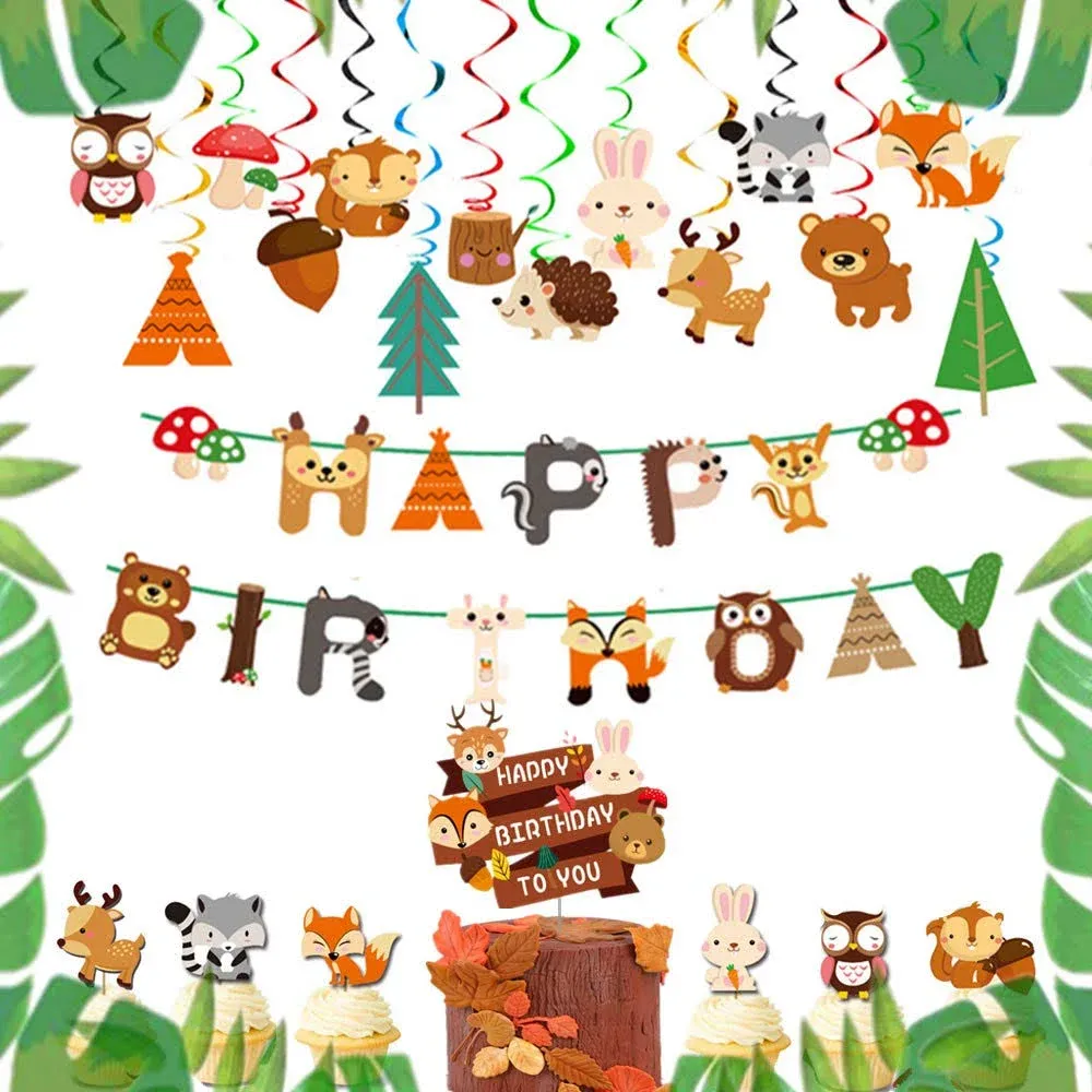 LaVenty Set of 15 Woodland Party Supplies Animal Birthday Banner Woodland Animals ...