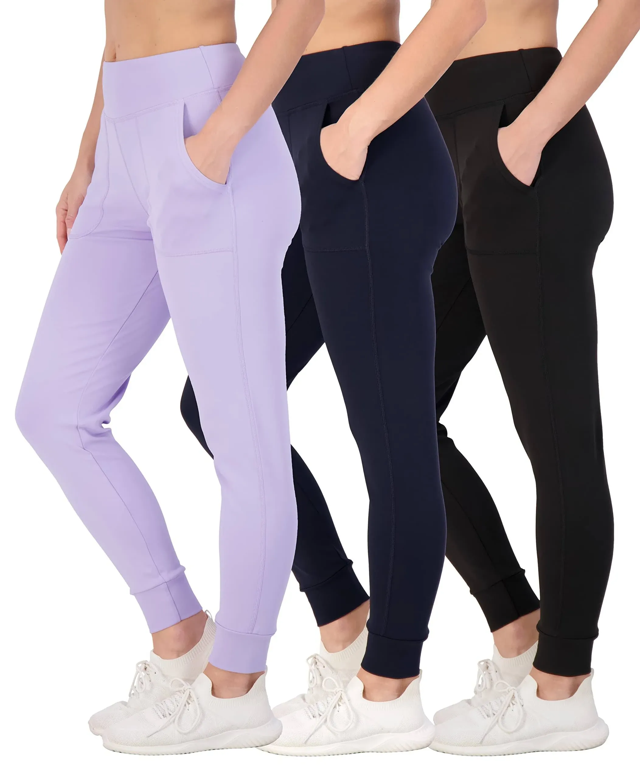 Real Essentials 3 Pack: Women's Joggers with Pockets - High Waist Workout Yoga Tapered Athletic Leggings (Available in Plus)