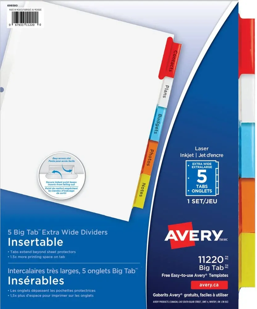 Staples Large Tab Insertable Dividers, 5-Tab, Assorted Colors (13489/11121)