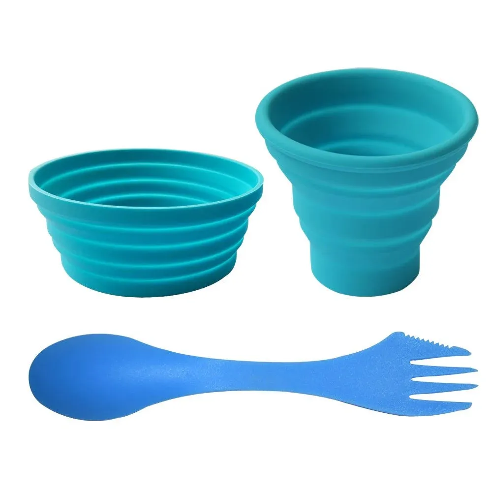 Ecoart Silicone Collapsible Bowl Cup Set with Spork for Outdoor Camping Hiking Travel (Set of 3)