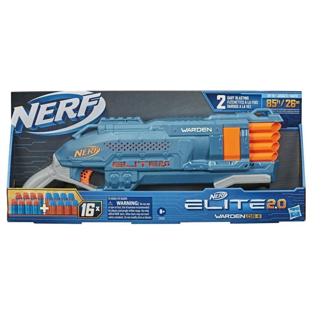 Nerf Elite 2.0 Warden DB-8 Blaster, 16 Official Nerf Darts, Blast 2 Darts at Once, Tactical Rail, Slam Fire