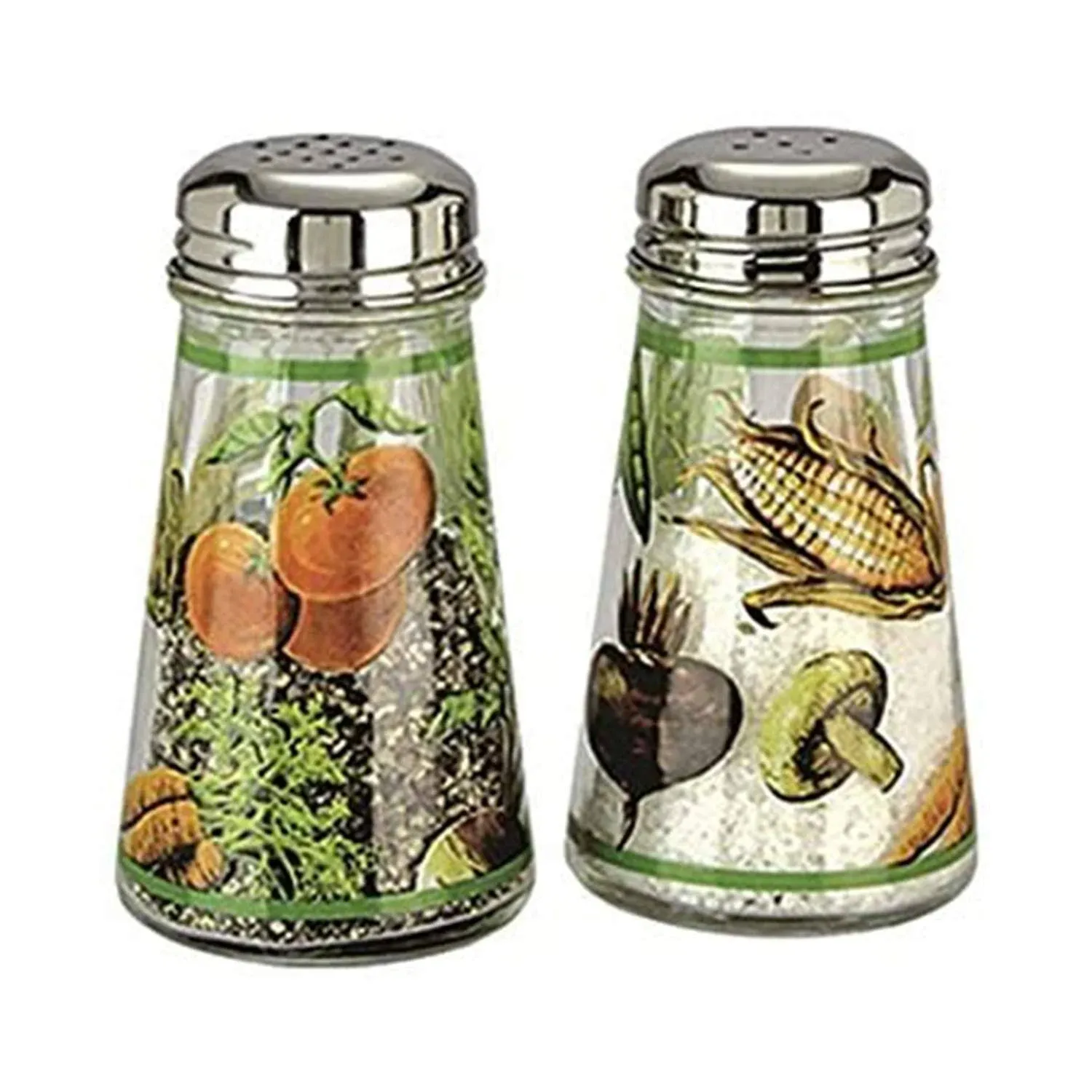 Grant Howard Glass Salt Pepper Shakers Vegetables Corn Cob Tomato Peas Metal Top