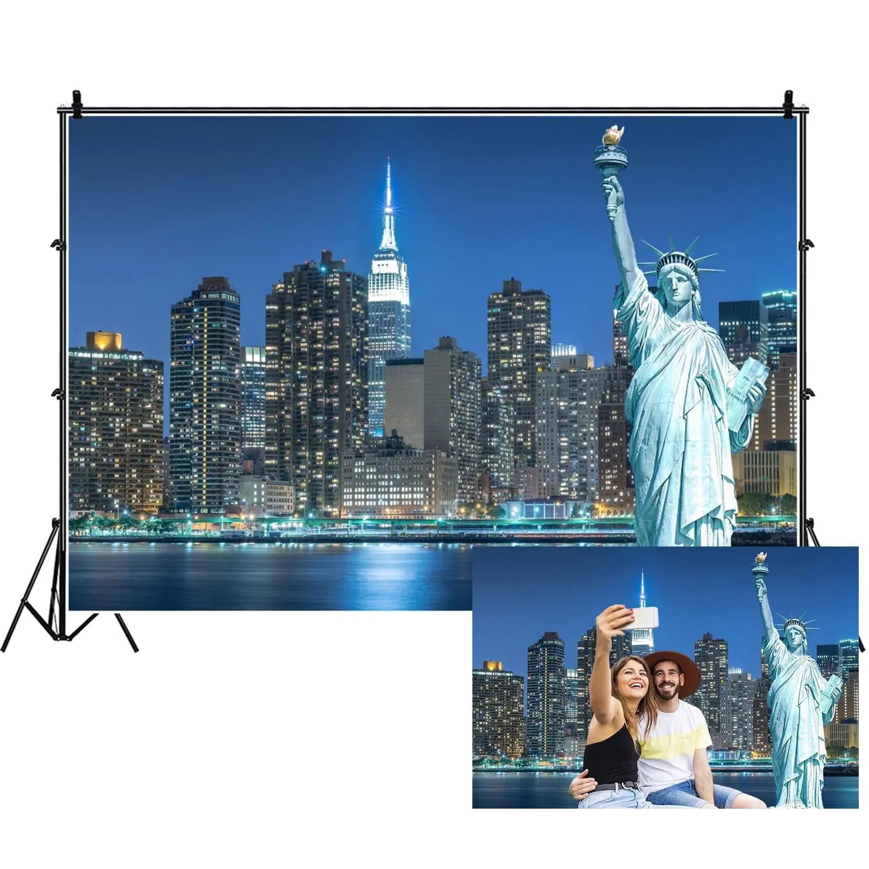 7x5ft Statue of Liberty Backdrop New York City Night View Manhattan Skyline N...