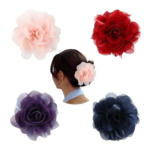 4 Pack Chiffon Big Rose Flower Bow Plastic Hair Claw Clips Barrettes Clamps Pony