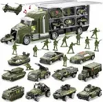 JOYIN 25 in 1 Green Military Big Truck Toys, Army Men Tanks Set with Soldier Men, Mini Battle Car Toy in Carrier Truck with Lights and Sounds, Gifts for Toddler Kids Boys Ages 3+