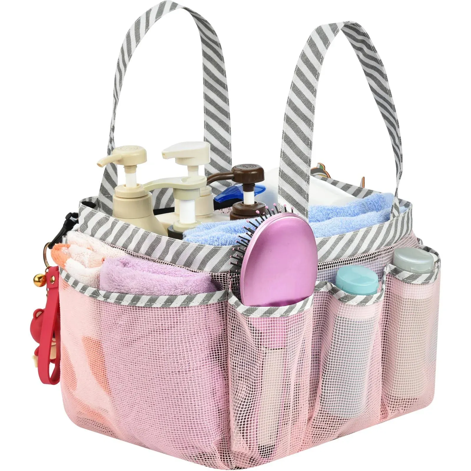 Haundry Mesh Shower Caddy Portable for College Dorm Room Essentials, Shower Caddy Tote with 8 Pockets Large Capacity, Shower Bag for Beach, Swimming, Gym, Pink