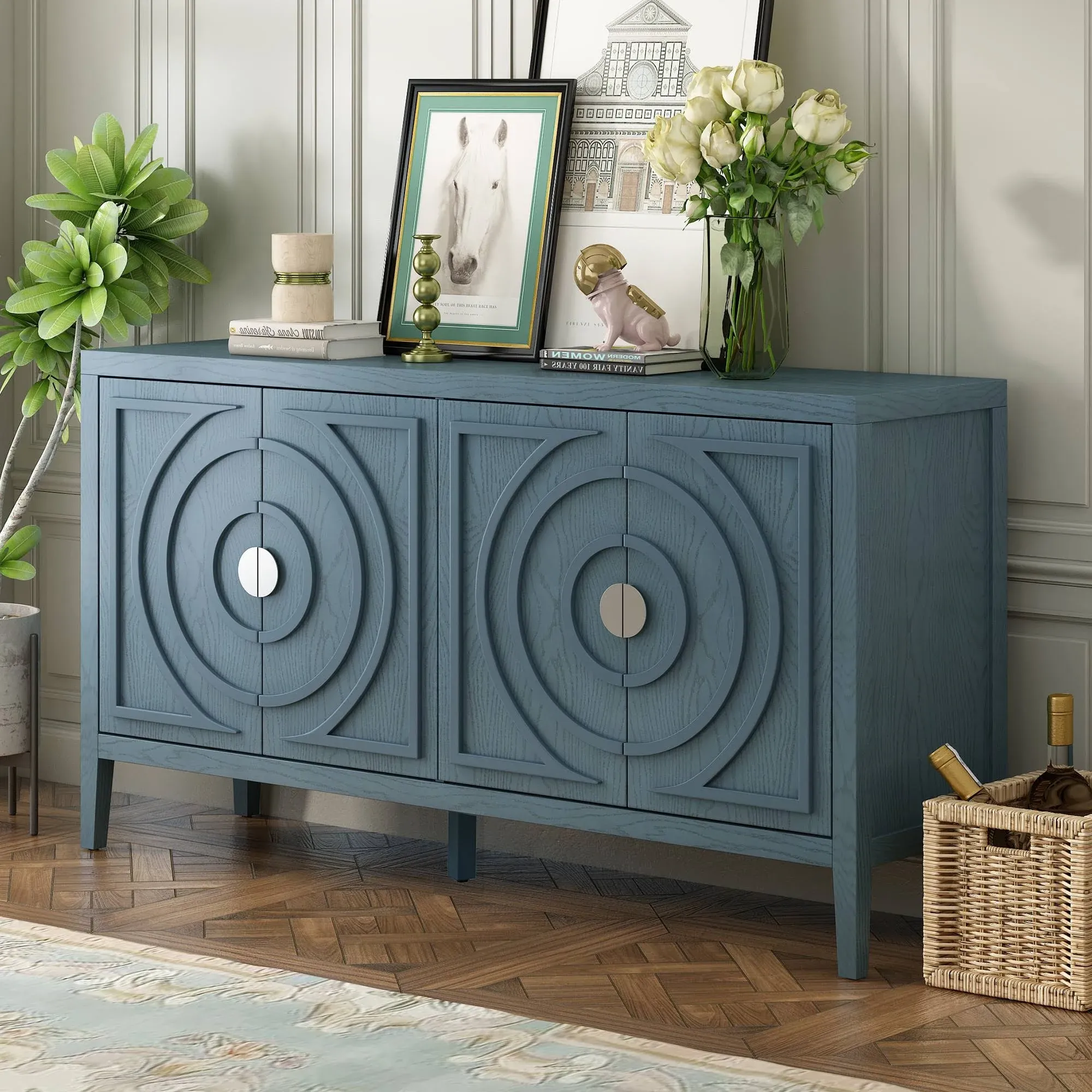 Retro 60" Sideboard with Circular Groove Design and Round Metal Handle, Antique ...