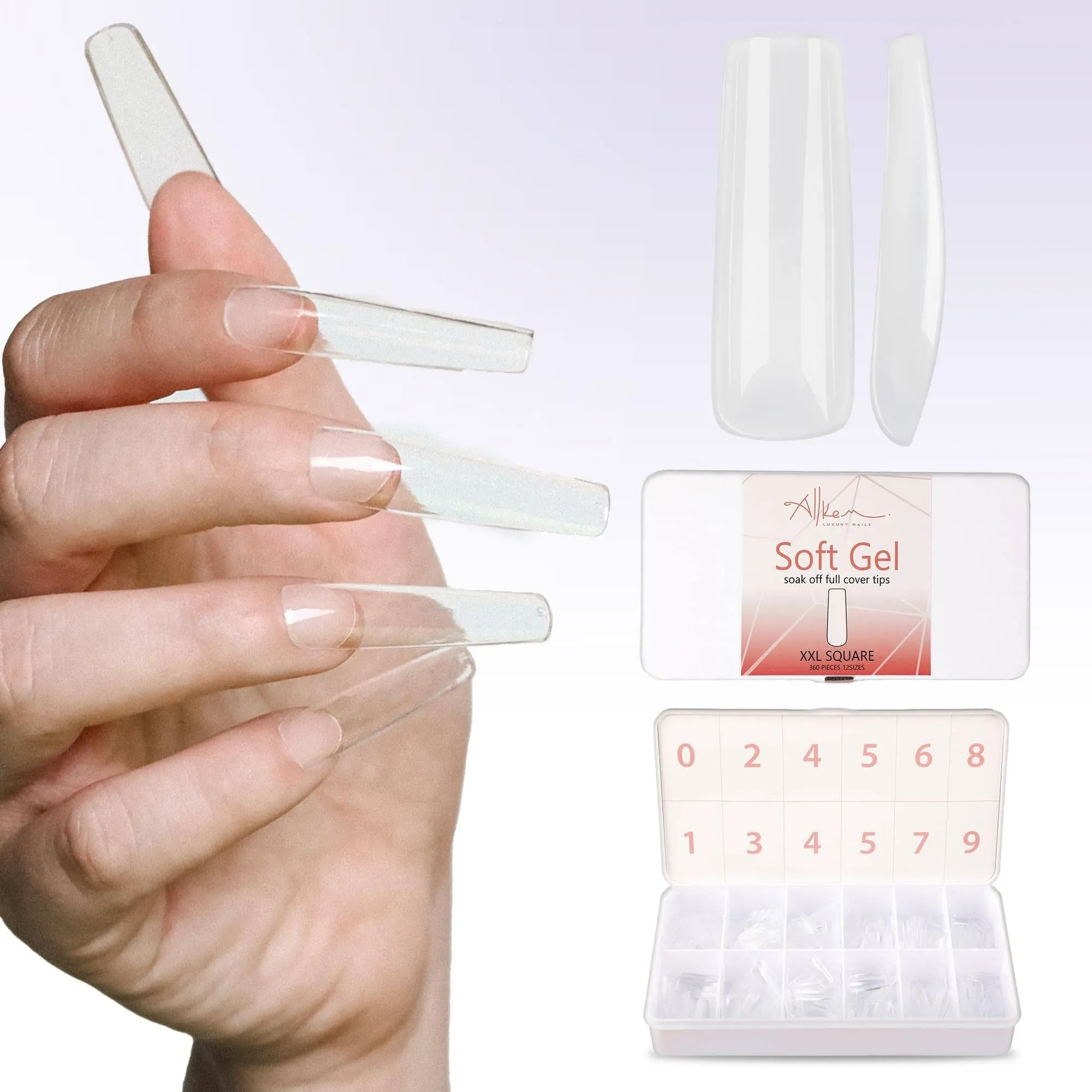 Allkem Soft Gel Nail Tips - XXL Square Nail Extensions - 12 Sizes Extra Extra Long Full Cover Nails - Clear (360 Pieces)