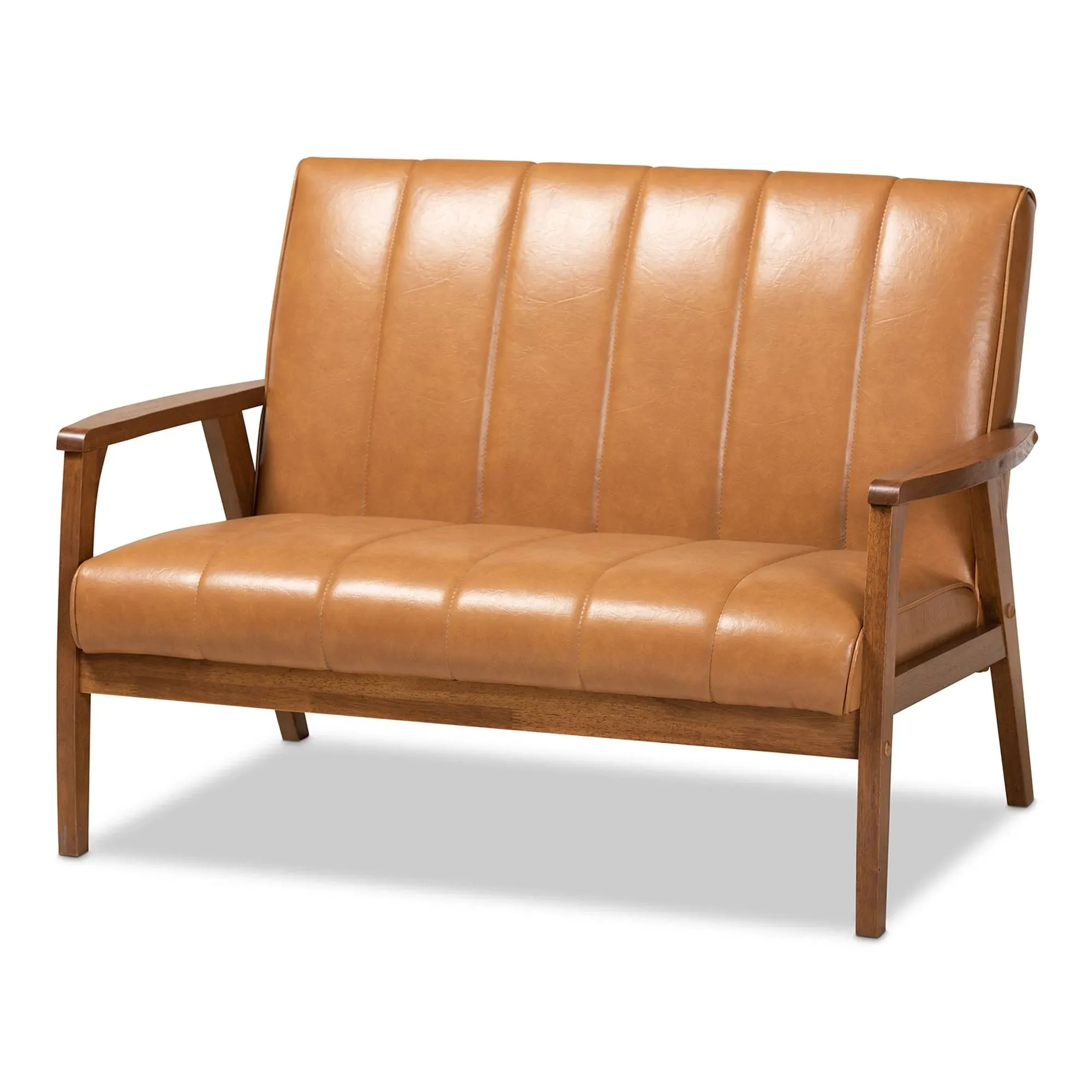 NikkoTan Faux Leather and Walnut Brown finished Wood Loveseat