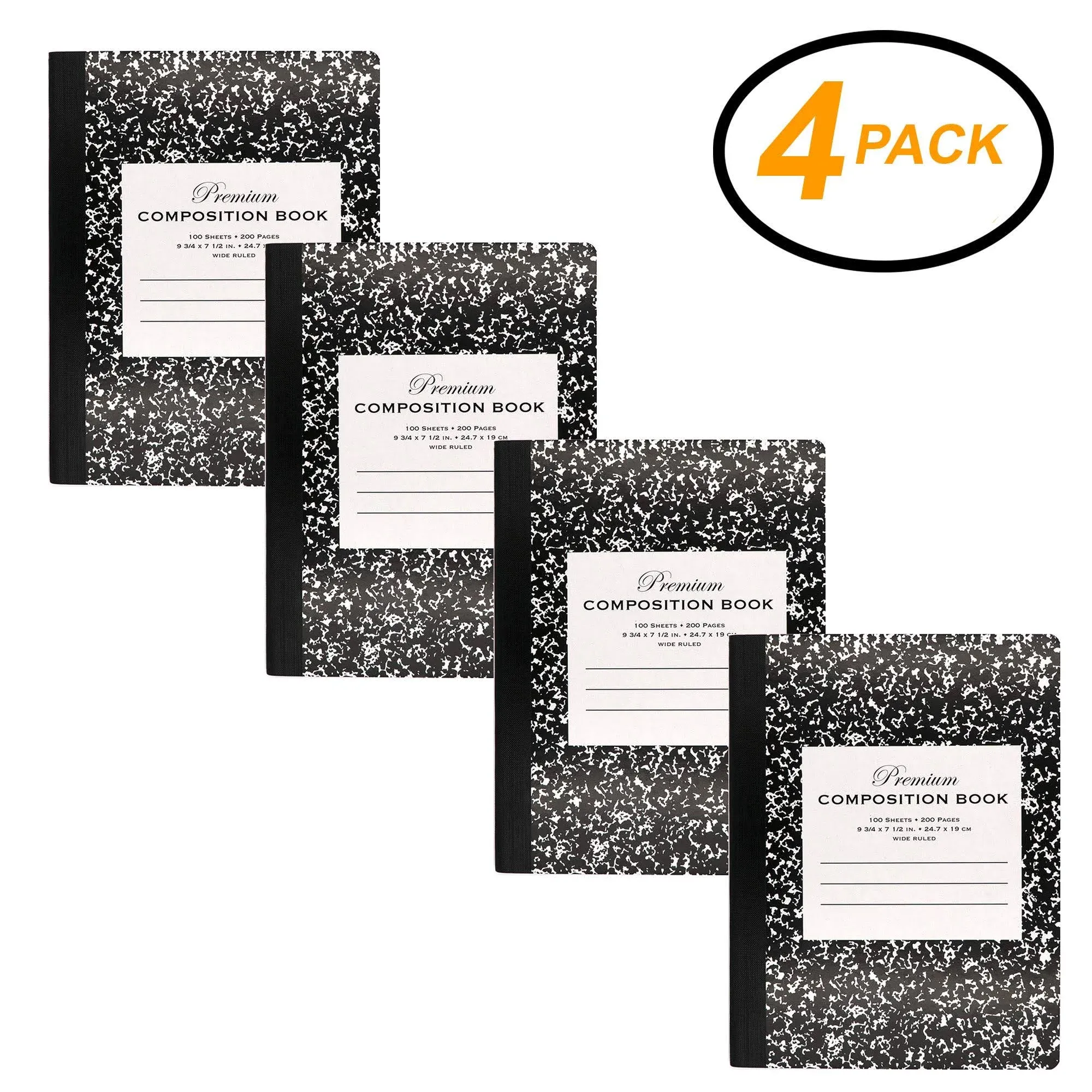 Emraw Premium Black Marble Composition Book Wide Ruled Paper Office Dairy Note Books 100 sheet Meeting Notebook Journals Hard cover Pack Of 4 Writing Book For school